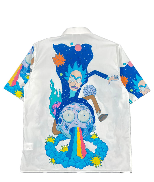 Family First Rick and Morty button-down Hawaiian shirt.