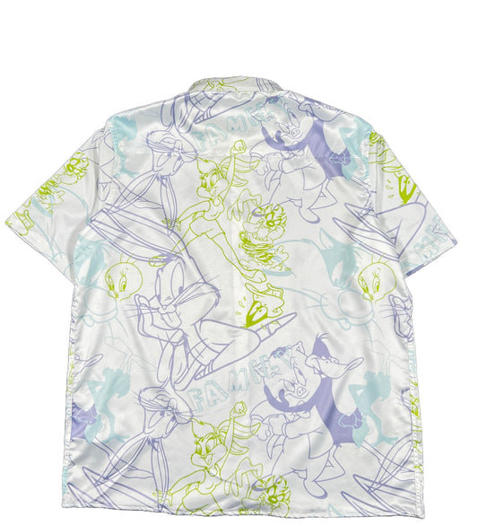 A white FAMILY FIRST Hawaiian shirt with Disney characters on it.