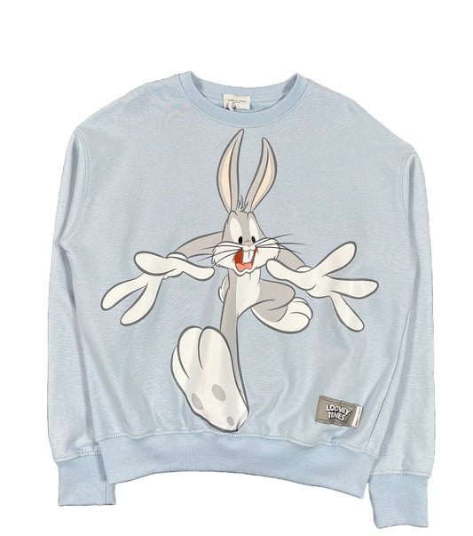 A blue graphic sweatshirt featuring an image of Looney Tunes, Made In Italy. - FAMILY FIRST SS2307 CREWNECK BUGS LIGHT BLUE by FAMILY FIRST