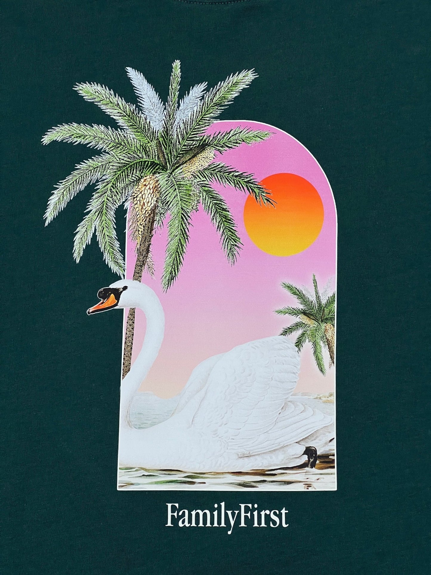 A swan with palm trees and a palm tree on a Family First graphic t-shirt.