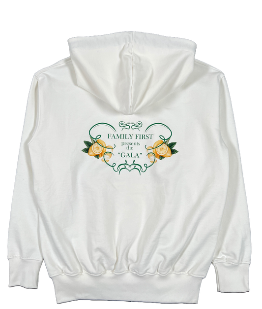 The back of a white graphic FAMILY FIRST HS2319 HOODIE GALA WHITE with "FAMILY FIRST" and a flower on it, Made In Italy.
