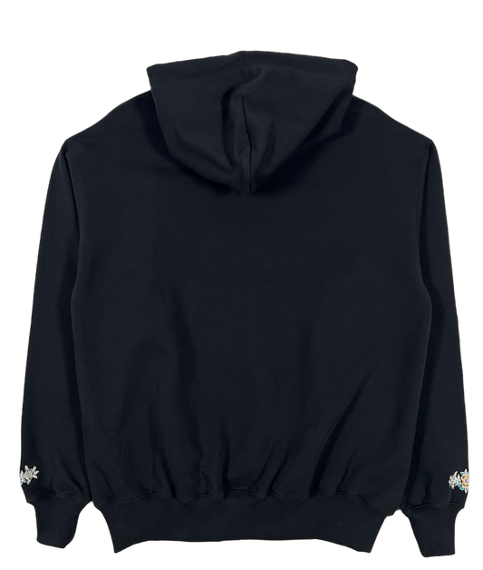 The back of a DRÔLE DE MONSIEUR B-HO126 DROLE FLEURI BLACK cotton hooded sweatshirt.
