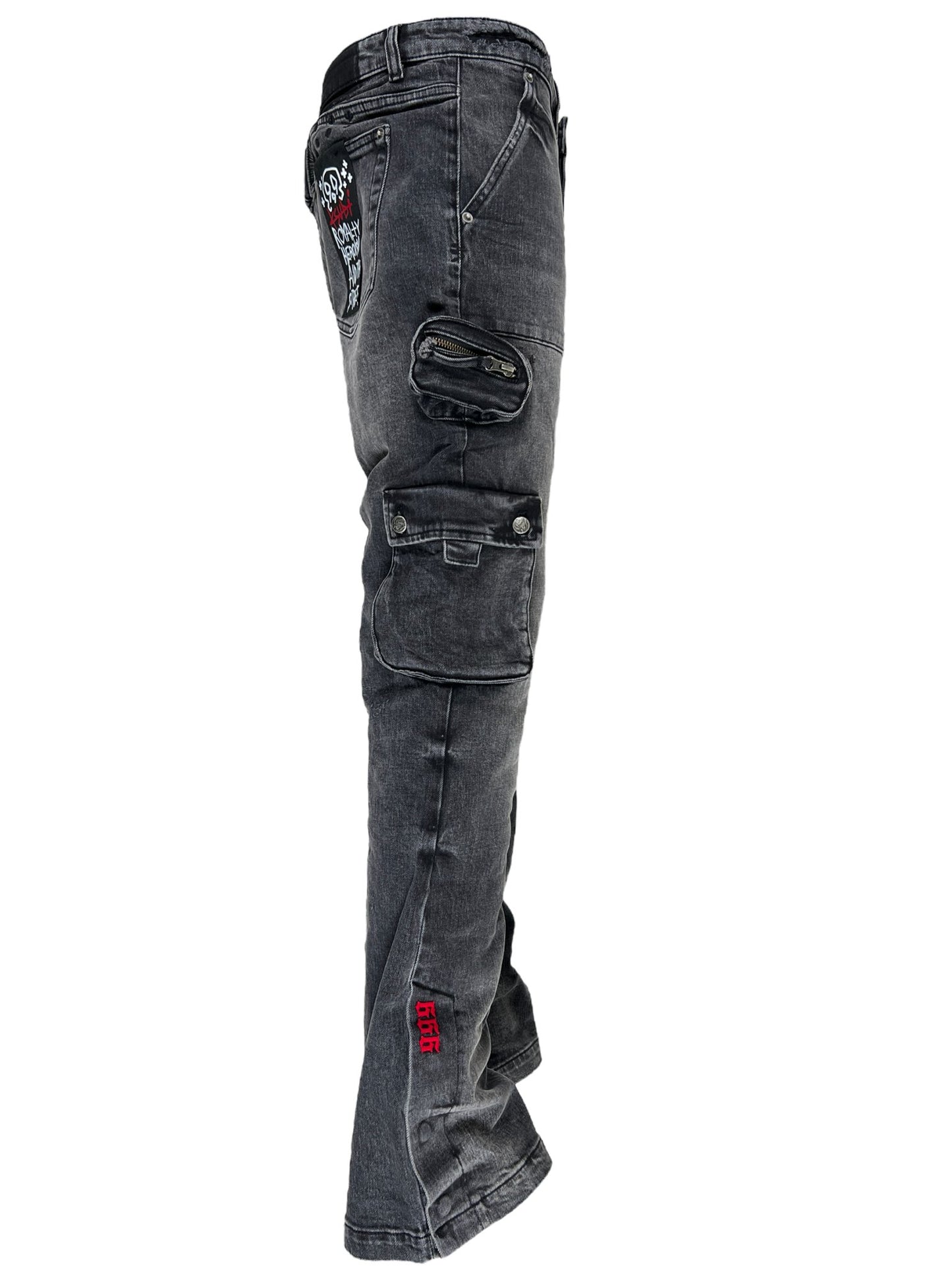 A pair of Ksubi 999 Bronko Cargo black jeans with embroidery branding and a red patch on the back.