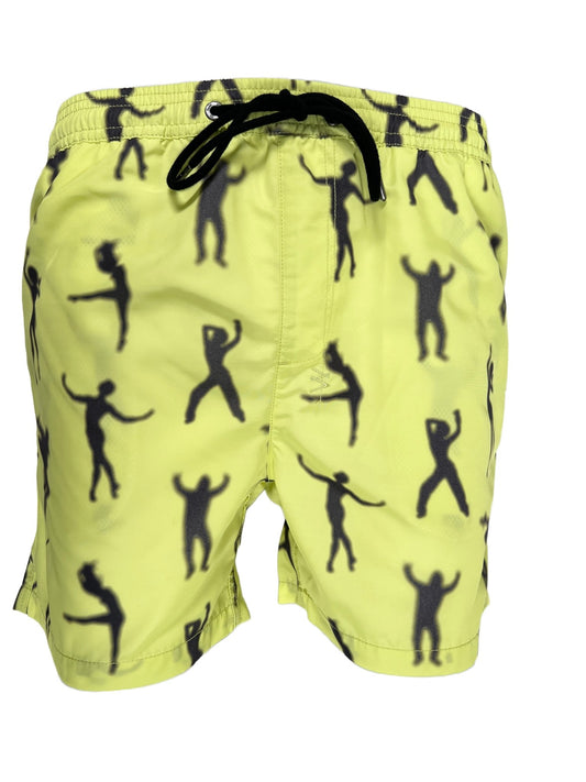 A yellow KSUBI Dance Klass Boardshort with black and white people on it, featuring water resistance and an elastic waistband.