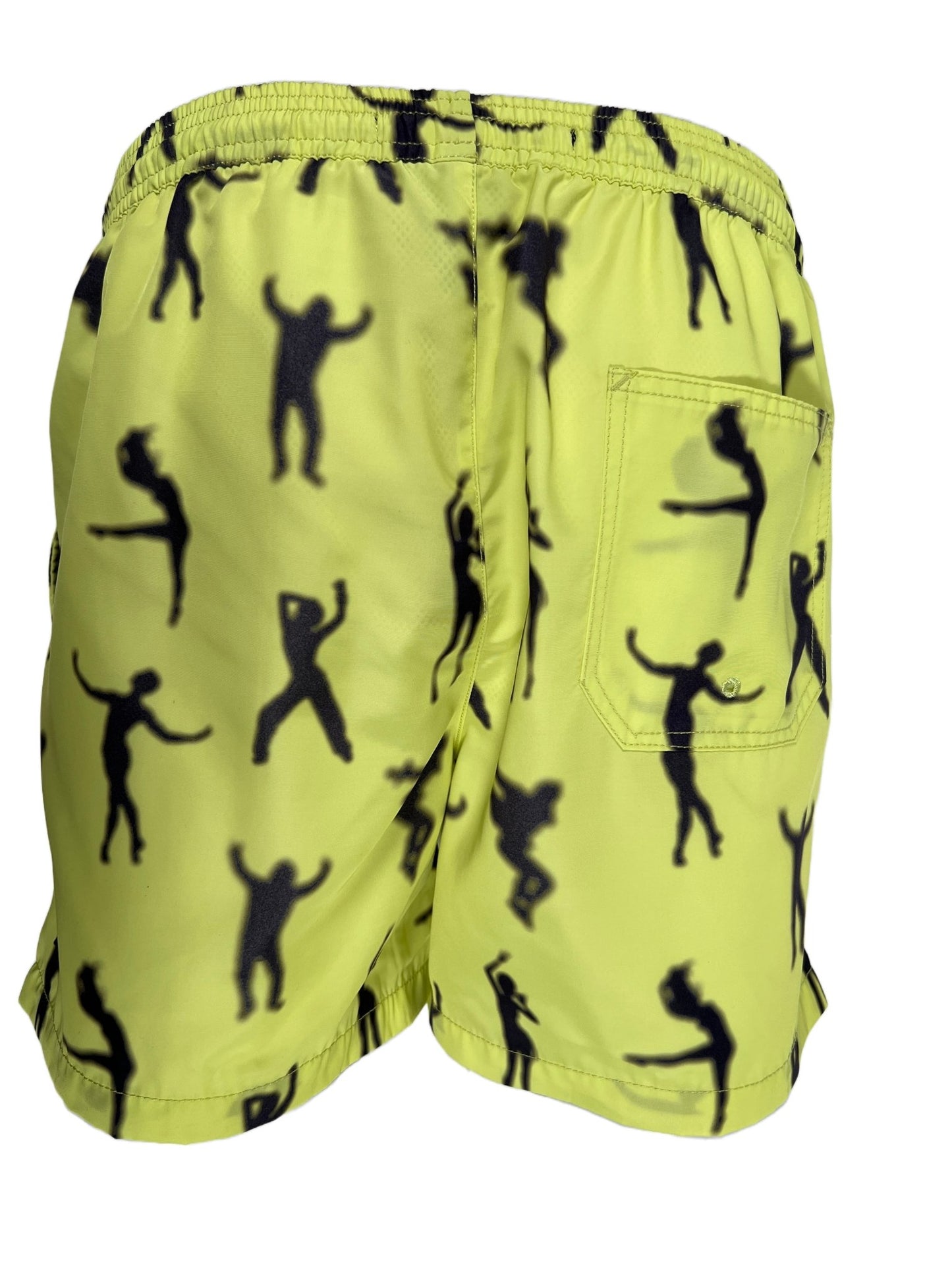 A yellow water resistance KSUBI Dance Klass Boardshort with black and yellow people on it, featuring an elastic waistband.