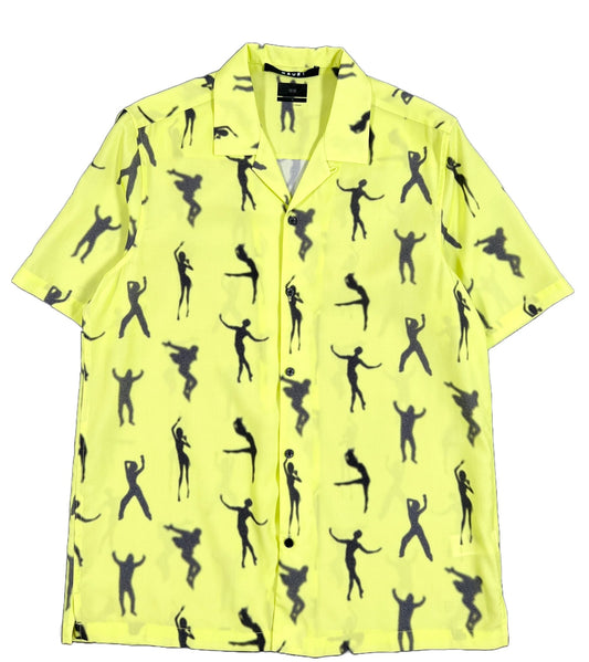 A KSUBI DANCE KLASS RESORT SS SHIRT DAYLITE GREEN with black and white dancers on it, featuring premium buttons.