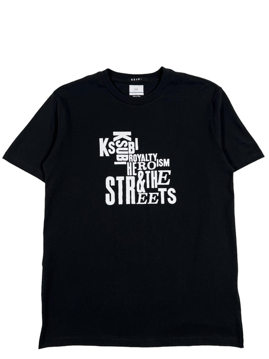 A Ksubi black cotton jersey t-shirt with the words 'strike streets' on it, featuring Ksubi artwork.