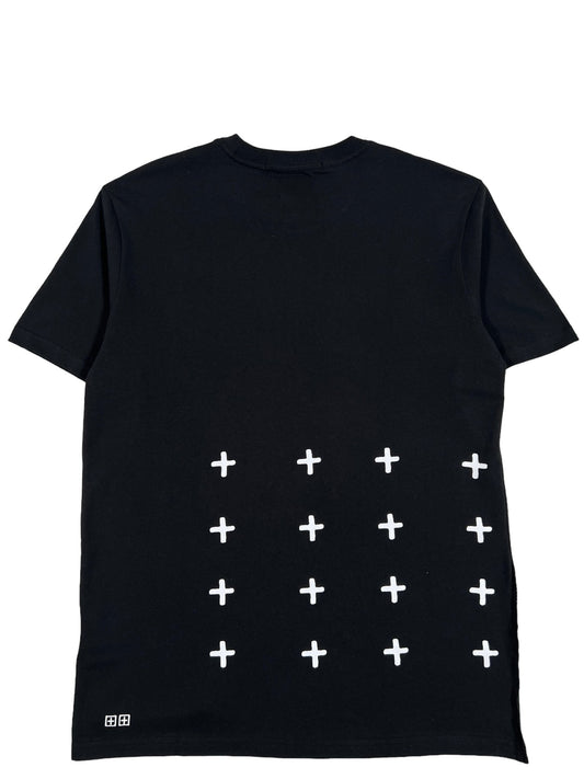A KSUBI GRAFF KASH SS TEE JET BLACK t-shirt with white crosses and Ksubi artwork on it.