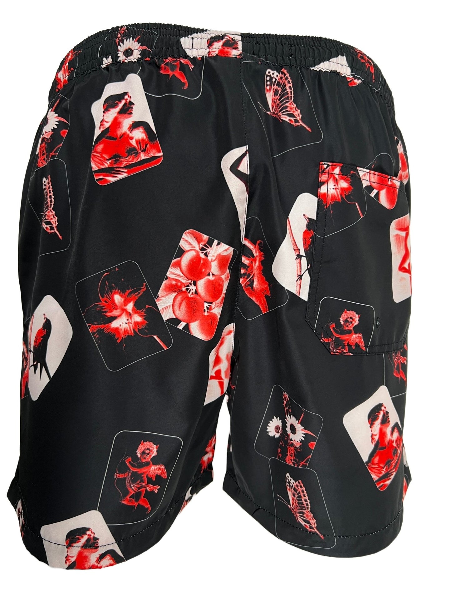 A black and red KSUBI ICONS BOARDSHORT BLACK with a floral print on it.