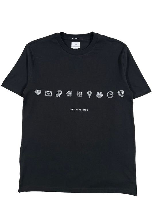 A KSUBI IKONIK KASH SS TEE JET BLACK with various icons on it, inspired by the Dada art movement.