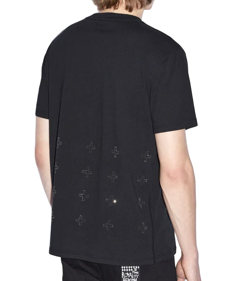 The back view of a man wearing a KSUBI KRYSTAL BLING KASH SS TEE BLACK with a diamante crystal logo.