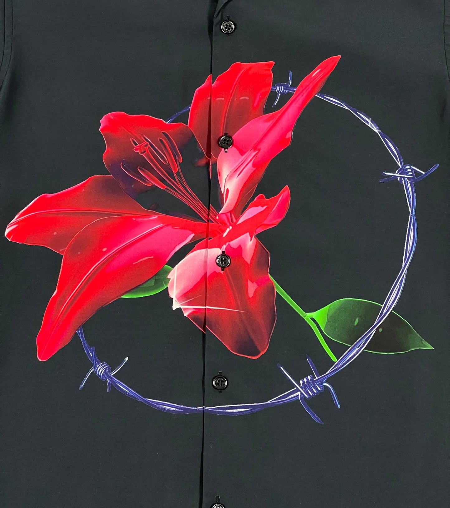 A KSUBI NFT Resort Short Sleeve Shirt Black with a red flower on it.