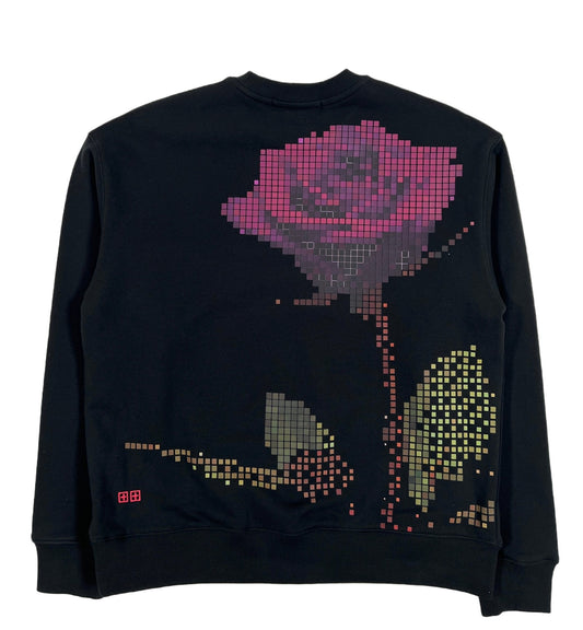 A black KSUBI PIXEL BIGGIE CREW JET BLACK sweatshirt with a pink rose on it.