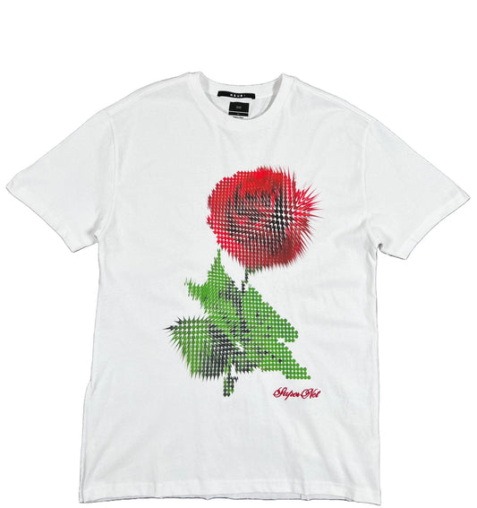 A KSUBI PIXEL BIGGIE SS TEE TRU WHITE with a red rose graphic on it by KSUBI.