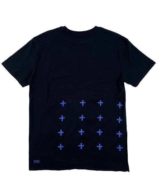 A KSUBI ROLLS BIGGIE SS TEE JET BLACK with blue crosses on it, featuring an oversized fit.