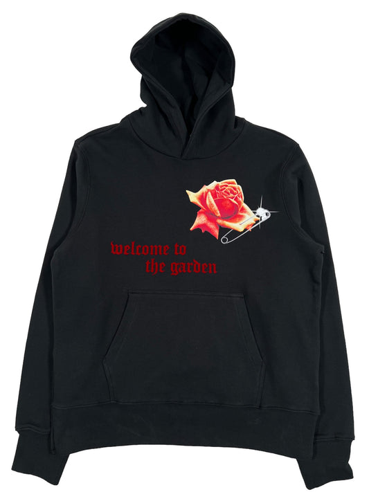 A jet black KSUBI Rose Garden Kash Hoodie with an image of a rose on it, featuring the signature rats tail.
