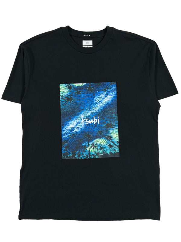 A KSUBI SPACE PALM BIGGIE SS TEE JET BLACK made from 100% cotton, featuring a rectangular design with abstract blue and green patterns and the text "KSUBI" in white at the center.