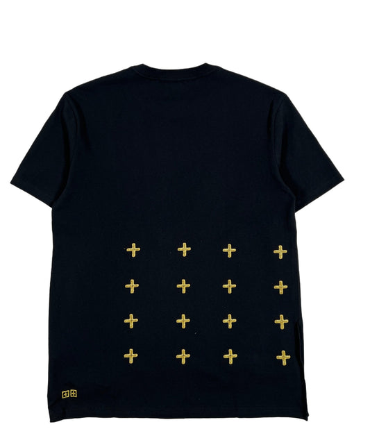 A black KSUBI TOKEN KASH SS TEE JET BLACK graphic t-shirt with gold crosses on it.