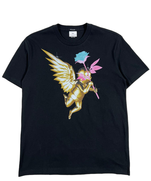 A black KSUBI Token Kash SS tee with a gold angel on it.