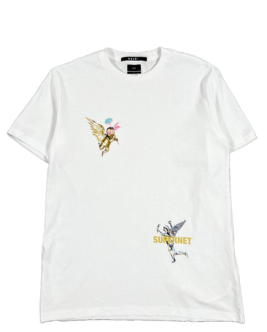 A white KSUBI TOKEN KASH SS TEE TRU WHITE with a butterfly and a bird on it.