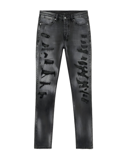 A pair of Ksubi Van Winkle Tektonik Black stretch jeans with writing on them.