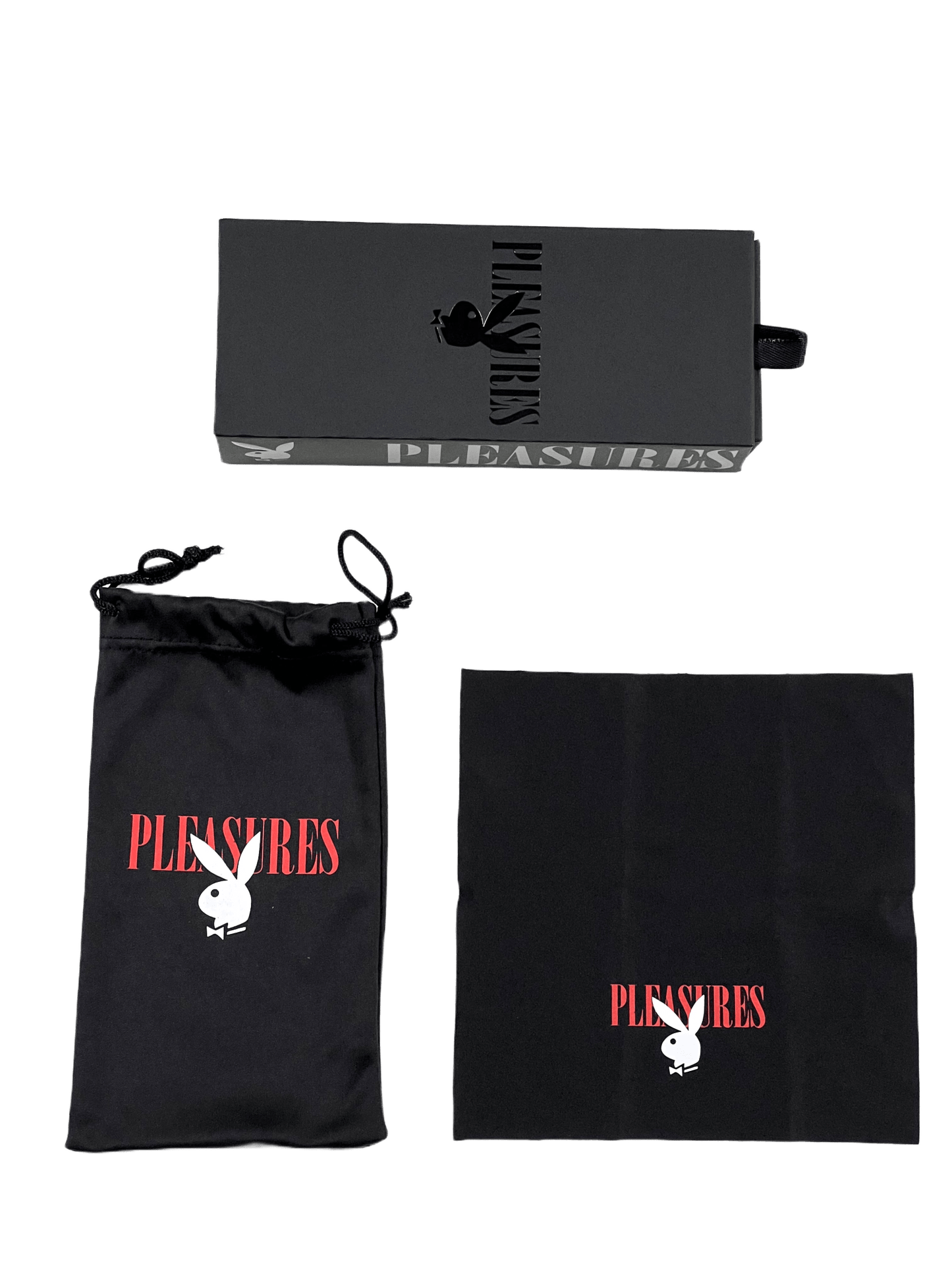 A black PLEASURES sunglasses pouch with a black bag and a logo on it.