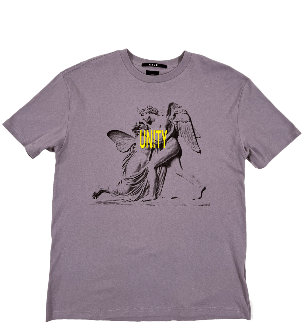 A purple oversized KSUBI LOVESIK BIGGIE SS TEE SILT GREY with an image of a woman and a man.