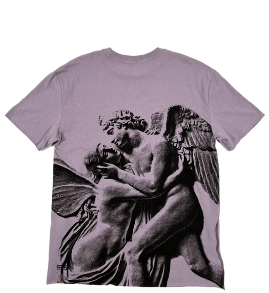 A KSUBI purple cotton t-shirt with an image of an angel and a woman.