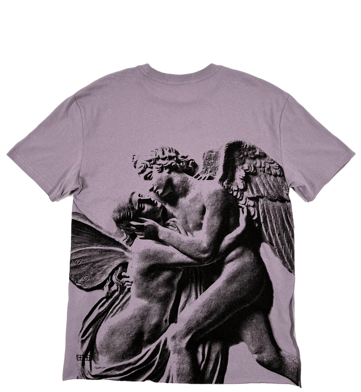 A KSUBI purple cotton t-shirt with an image of an angel and a woman.