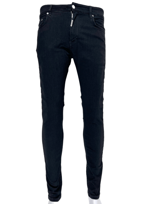 A pair of REPRESENT M07043-01 ESSENTIAL DENIM BLACK FW22 skinny fit black jeans on a mannequin.