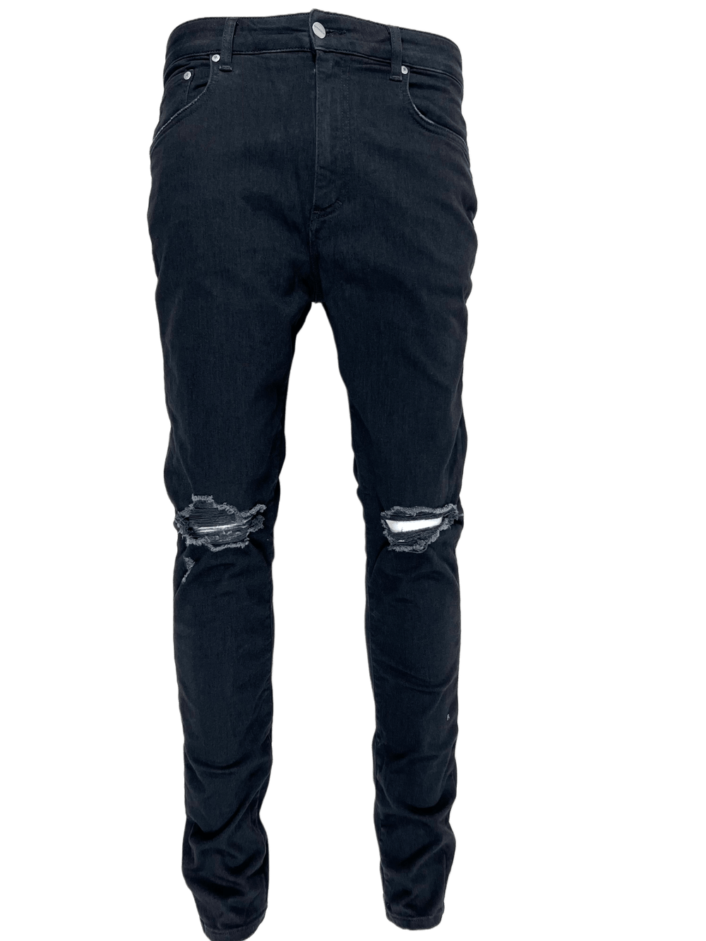 A pair of black REPRESENT M07044 DESTROYER DENIM BLACK jeans with holes on the knees, reflecting a distressed style.