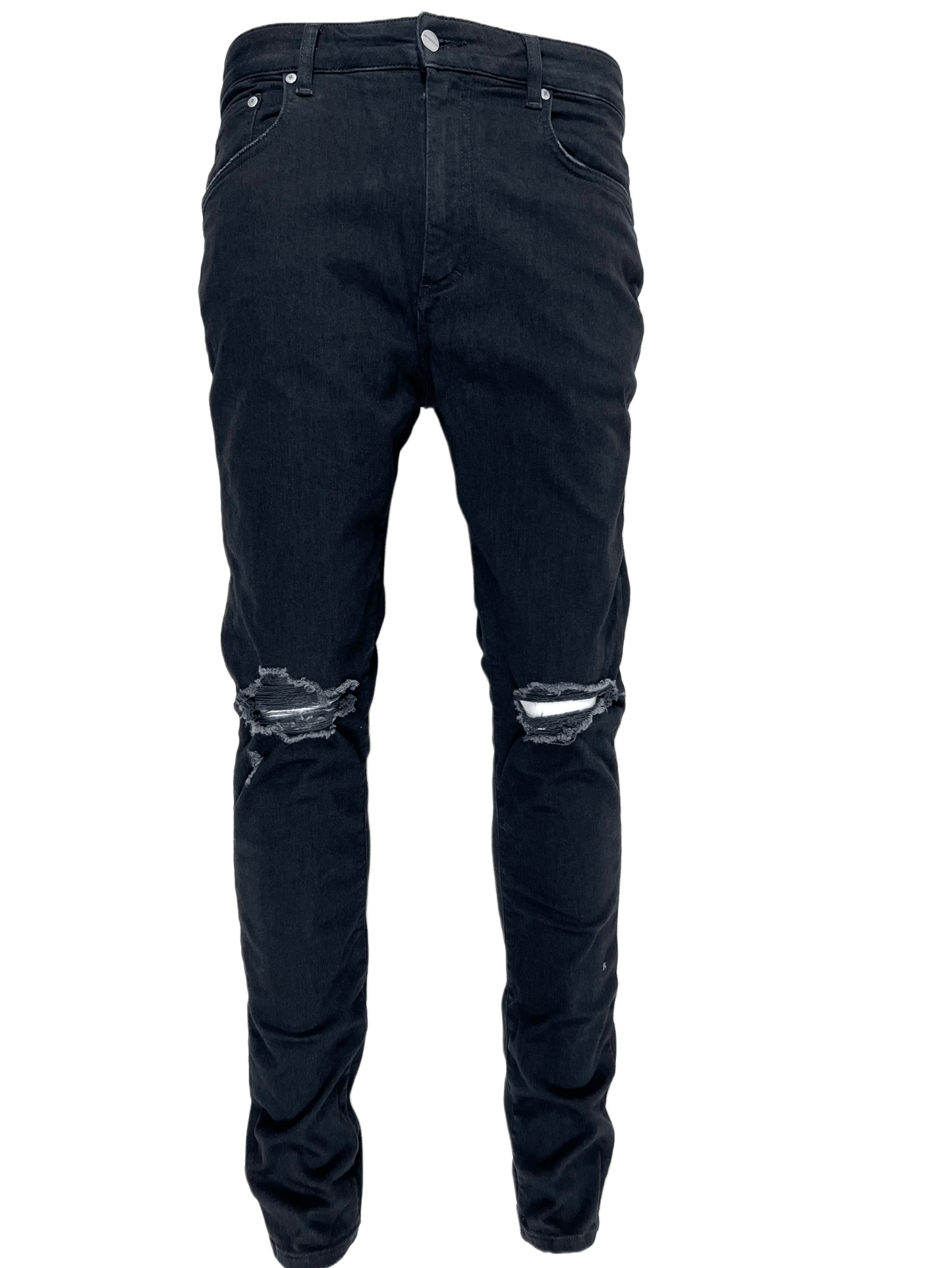 A pair of black REPRESENT M07044 DESTROYER DENIM BLACK jeans with holes on the knees, reflecting a distressed style.