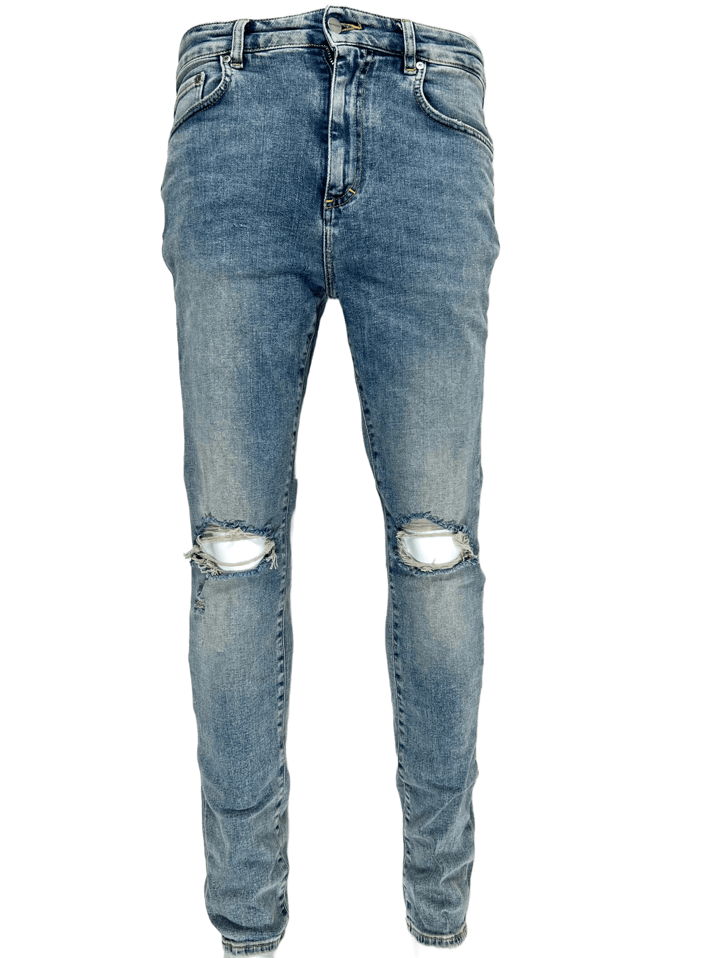A pair of REPRESENT men's jeans with distressed detailing and holes on the knees.