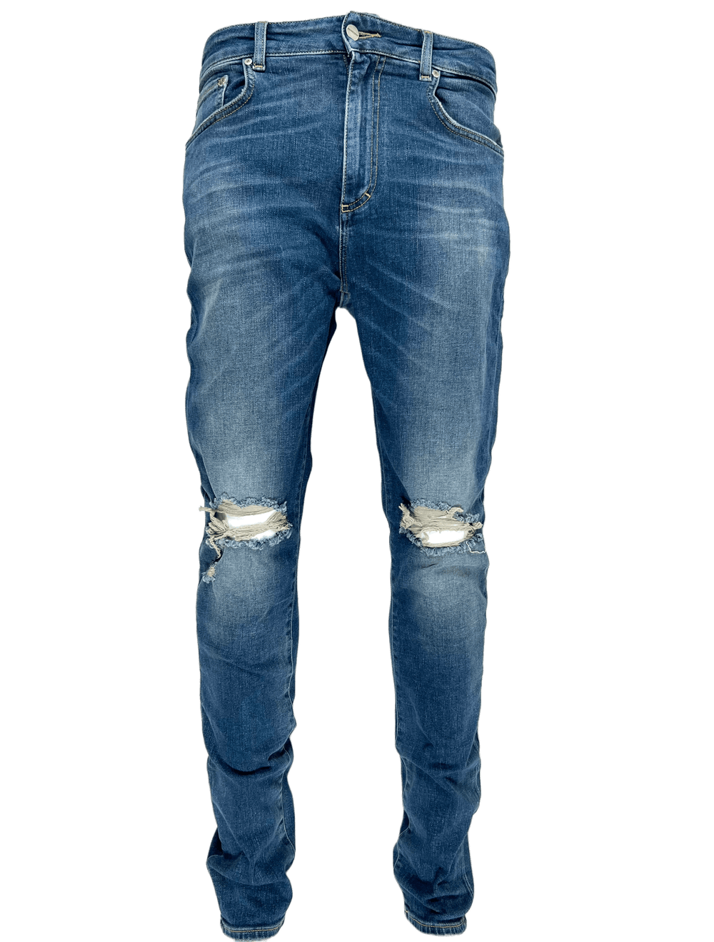 A pair of men's REPRESENT M07044 DESTROYER DENIM CLASSIC BLUE FW22 with distressed detailing and holes on the knees.