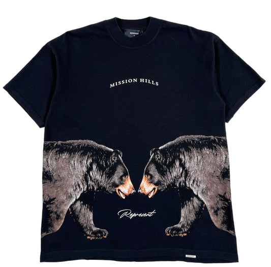 A REPRESENT MT4029-171 MISSION HILLS t-shirt in off black with two bears printed on it, offering a relaxed fit for comfort.