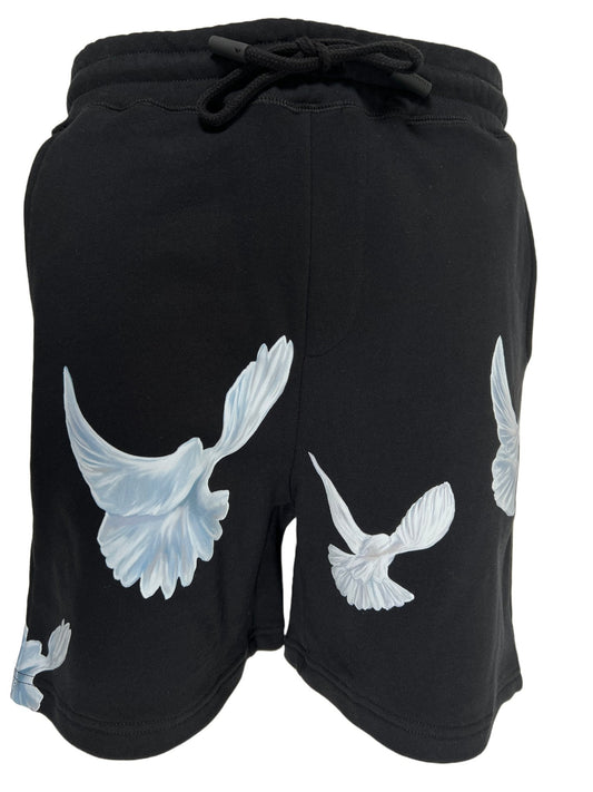 A black cotton short with white doves on it, from 3.PARADIS SINGING DOVES SHORTS BLACK collection.