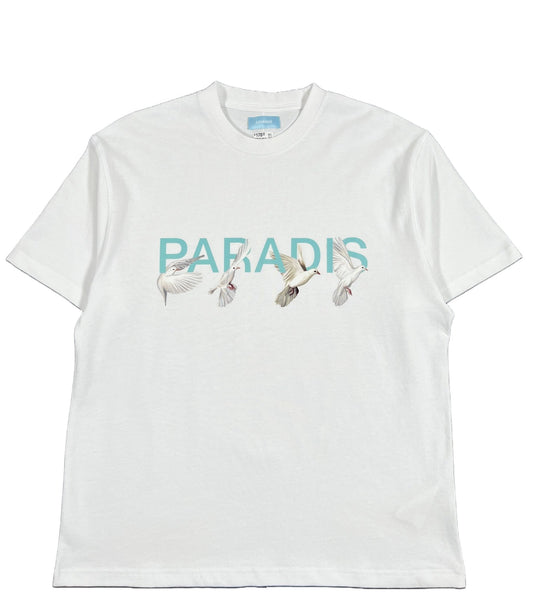 A 100% Cotton 3.PARADIS white t-shirt with the word "paradises" on it.