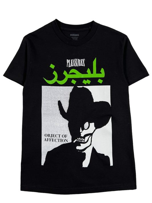 A black PLEASURES AFFECTION T-Shirt with an image of a skeleton wearing a cowboy hat, crafted from 100% cotton and featuring screen-printed graphics.
