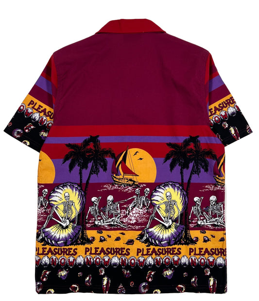 A PLEASURES BEACH BUTTON DOWN BURGUNDY shirt with palm trees and palm trees.