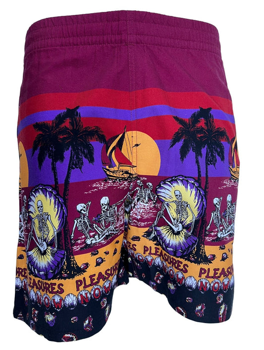 A men's swim shorts with a palm tree and skeleton print on it, offering unique PLEASURES for beach outings.