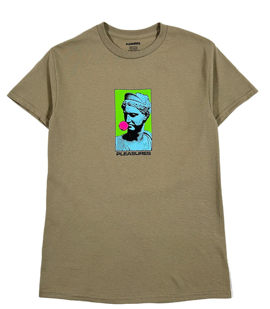 A PLEASURES cotton t-shirt with a printed image of a man in a green shirt.