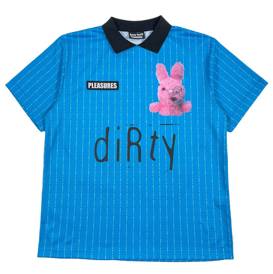 A PLEASURES blue shirt made from technical micromesh fabric, with a pink bunny on it.