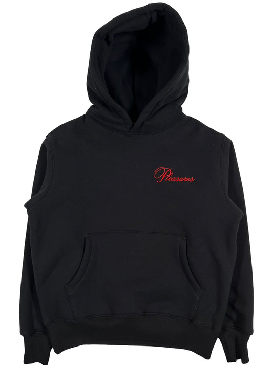 A PLEASURES black hoodie with the word phoenix embroidered on it.