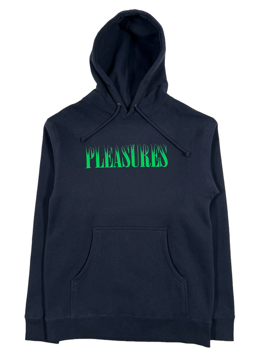 PLEASURES CRUMBLE hoodie in navy blue made from ultra-soft material.
