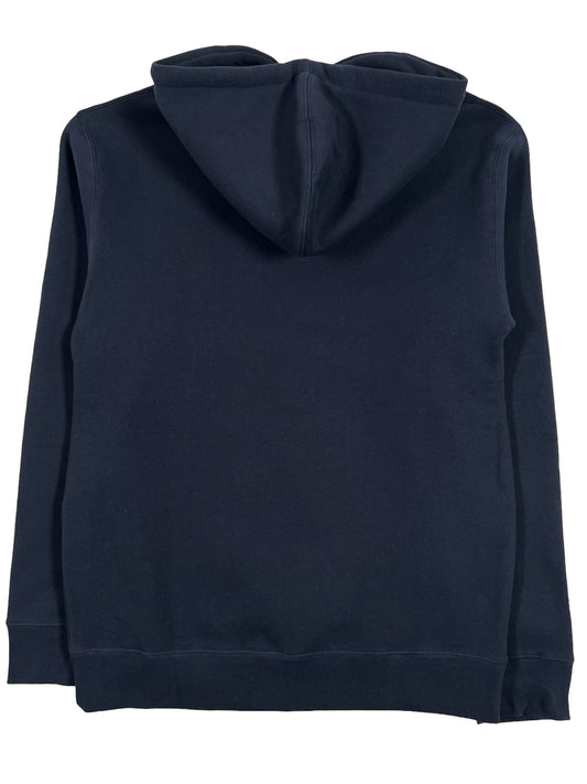 The back of a navy blue PLEASURES CRUMBLE HOODIE NAVY.