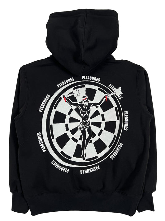 A PLEASURES Dartboard Hoodie Black with an image of a woman on it.