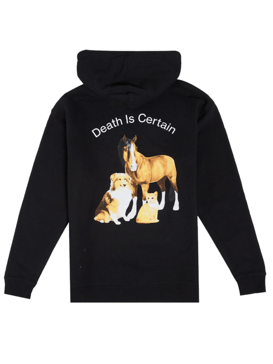 A PLEASURES DEATH HOODIE BLACK featuring a dog and a horse design, complete with a ribbed waist and cuffs.