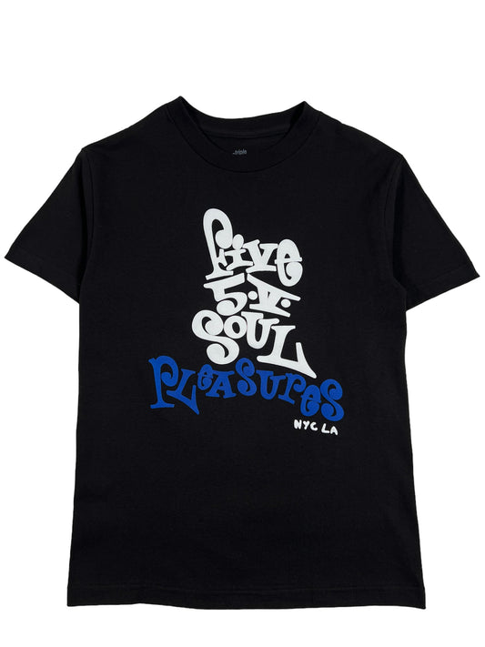 A PLEASURES FIVE 5 V T-SHIRT BLACK with a screen-printed blue logo on it.