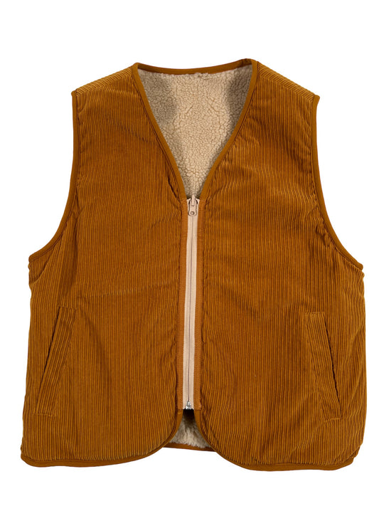 A stylish brown corduroy PLEASURES INFINITE reversible vest with a zipper.