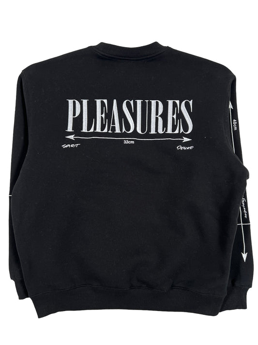 A black embroidered sweatshirt with the PLEASURES INTERSECTION CREWNECK BLACK by PLEASURES on it.